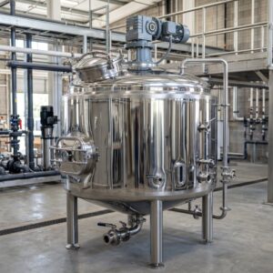 鏡面研磨SUS304製の処理タンク。トップ攪拌機・マンホール・サニタリーフィッティング・コーン底