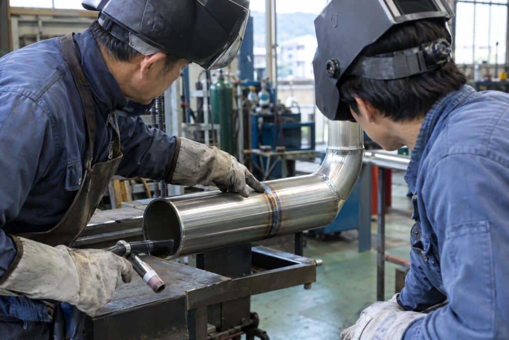 ベテラン職人が若手に溶接のコツを説明している場面(写真はイメージ)