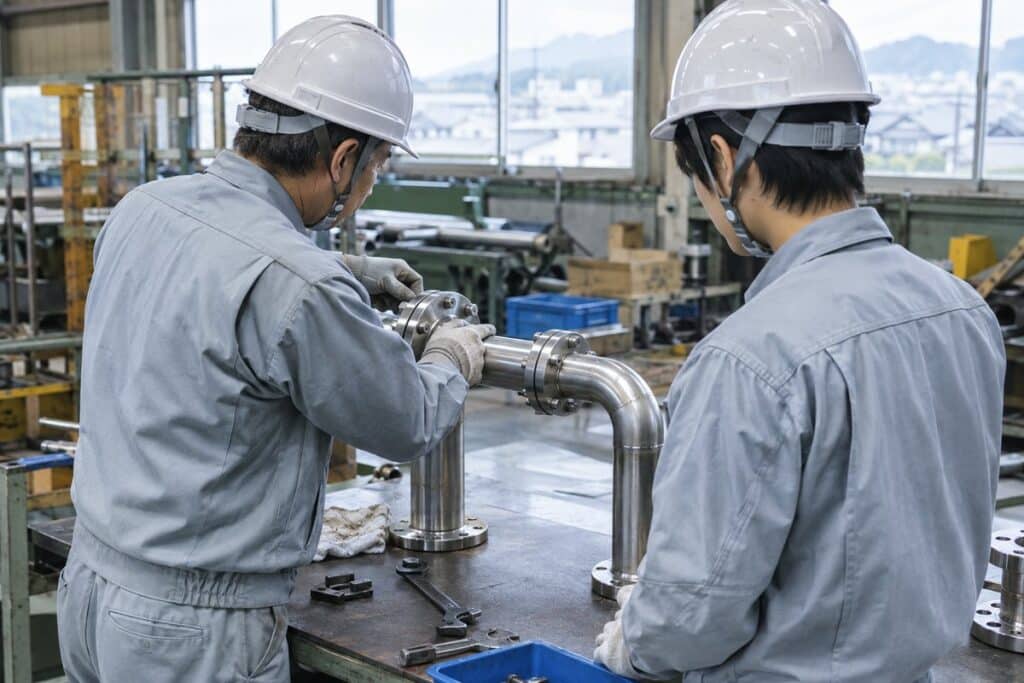 先輩職人が新人に配管の組み立てを教えている工場(写真はイメージ)