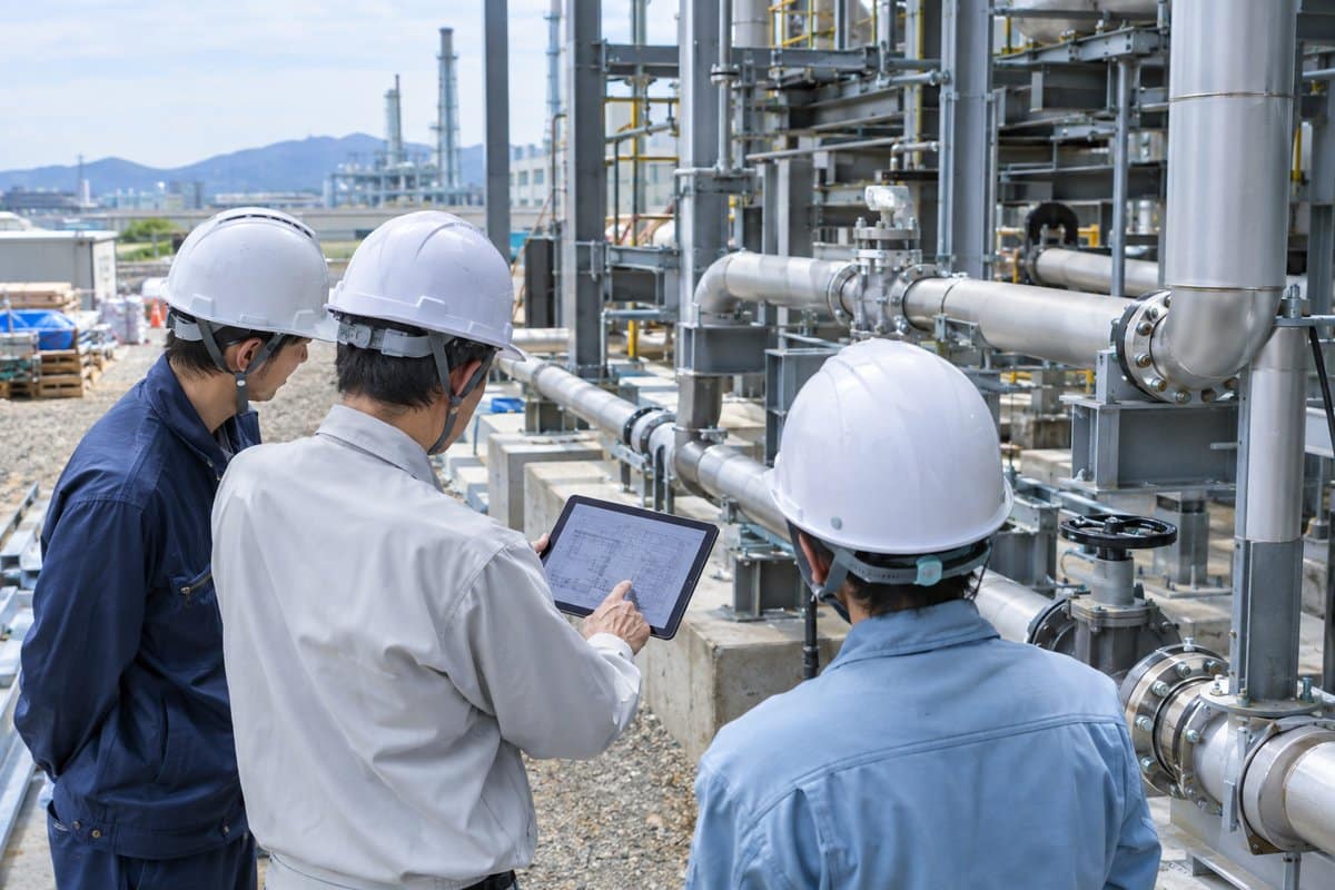 現場で図面とタブレットを見ながら打ち合わせする施工管理者(写真はイメージ)