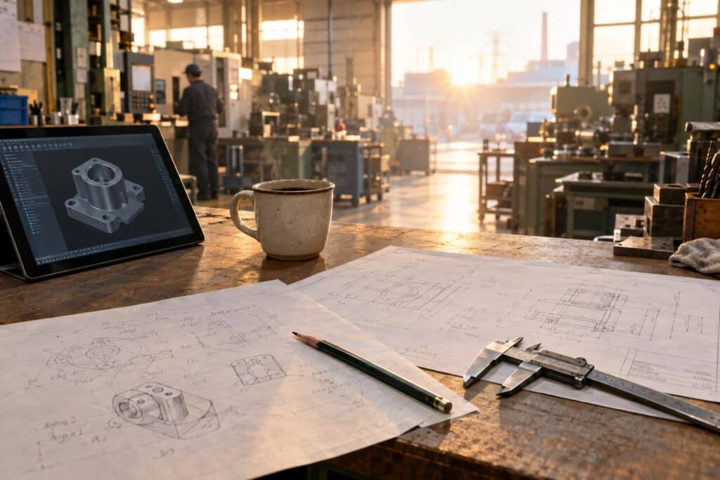 手描き図面とCADタブレット、ノギスと鉛筆が並ぶ工場の朝の作業机