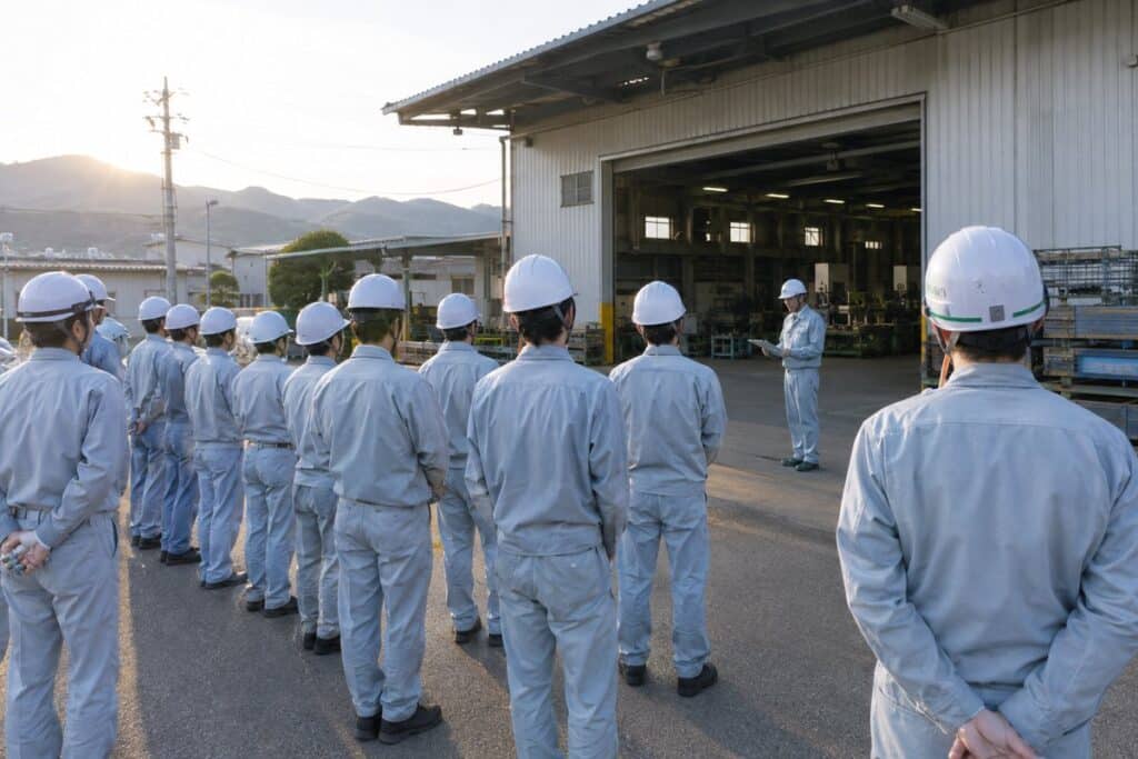 朝礼をしている工場の作業員たち(写真はイメージ)
